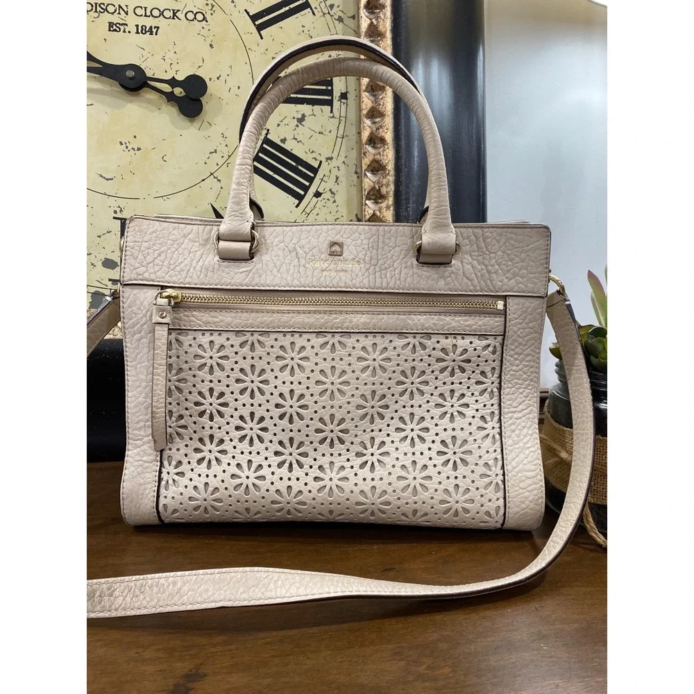 Kate Spade Perri Lane Bag Cream Pebbled Leather Floral Cutout Satchel Crossbody